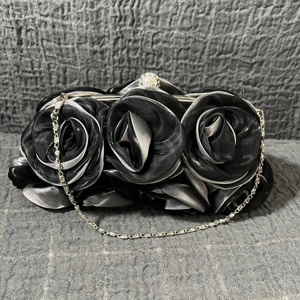 Women Satin Rose Rhinestone Black / Gray Color Handbag Silver tone chain - Picture 9 of 14